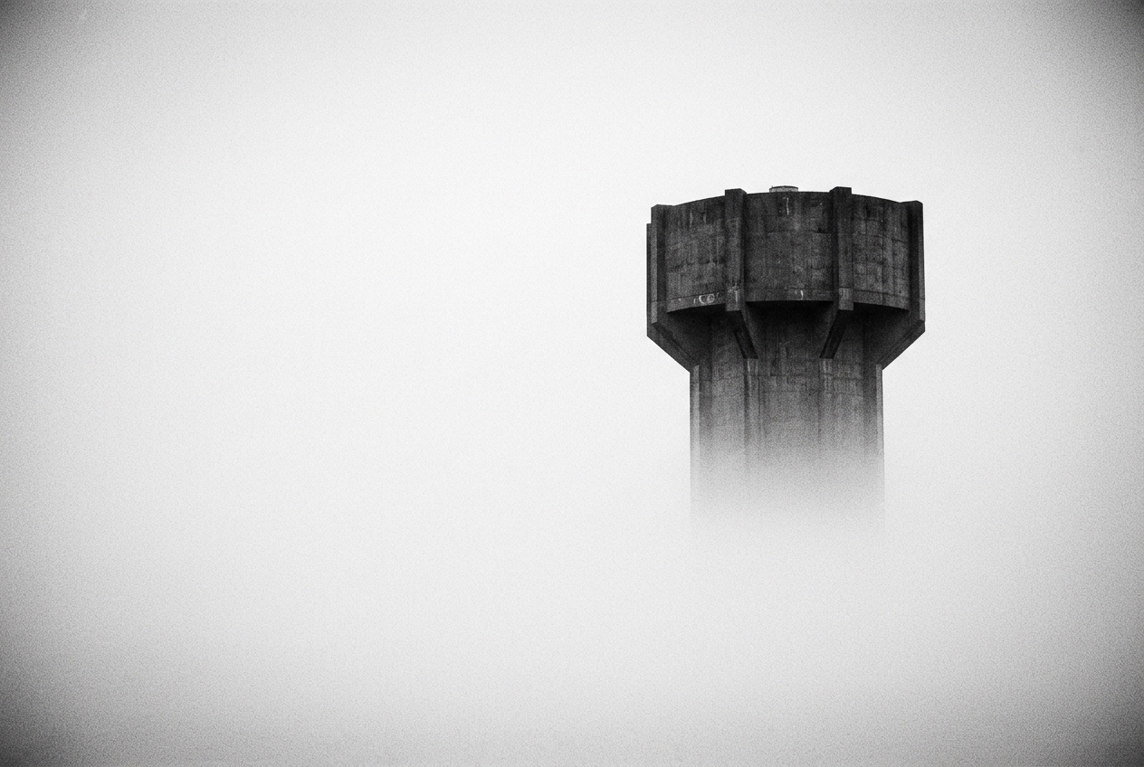 Brutalist concrete water tower emerging from dense fog, its base dissolved in white haze
