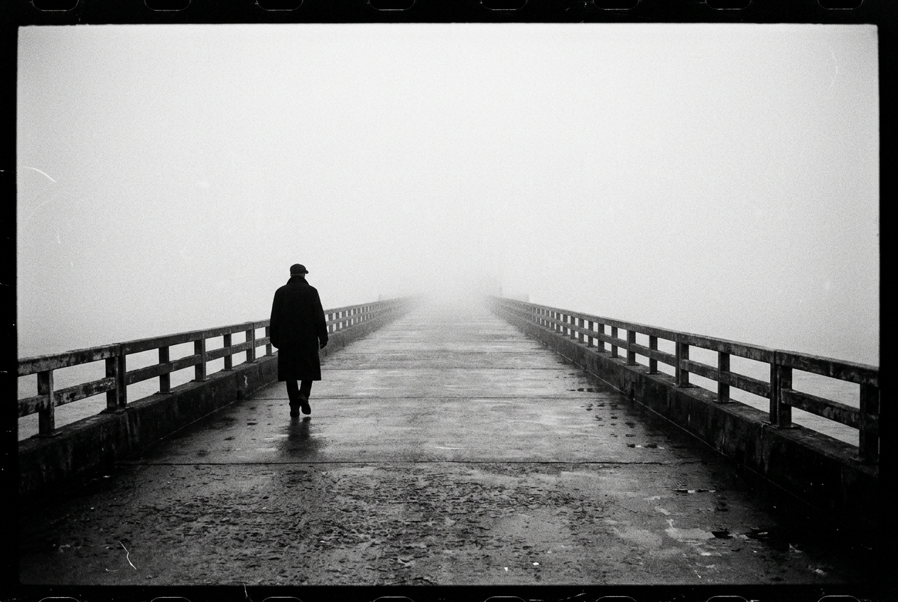 A lone figure in a long coat walking away down an empty concrete pier that vanishes into fog
