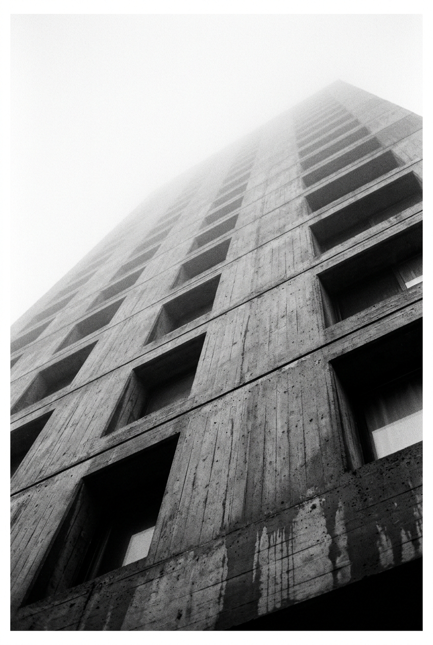 Raw brutalist concrete facade shot from below, upper floors dissolving into white fog