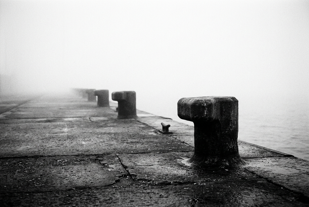 A row of concrete mooring bollards on an empty quay receding into dense fog