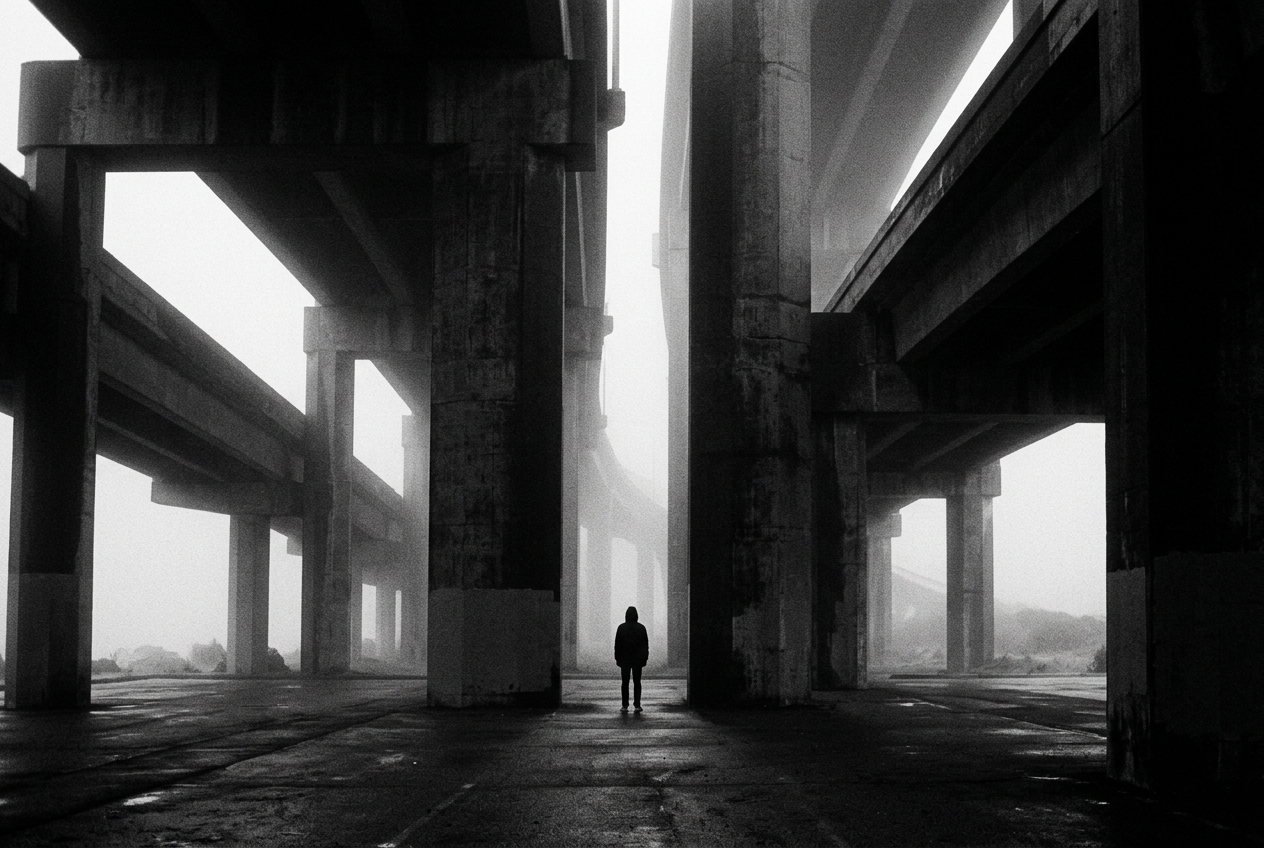 A lone figure stands between massive dark concrete pillars of a brutalist overpass, fog rolling through the gap