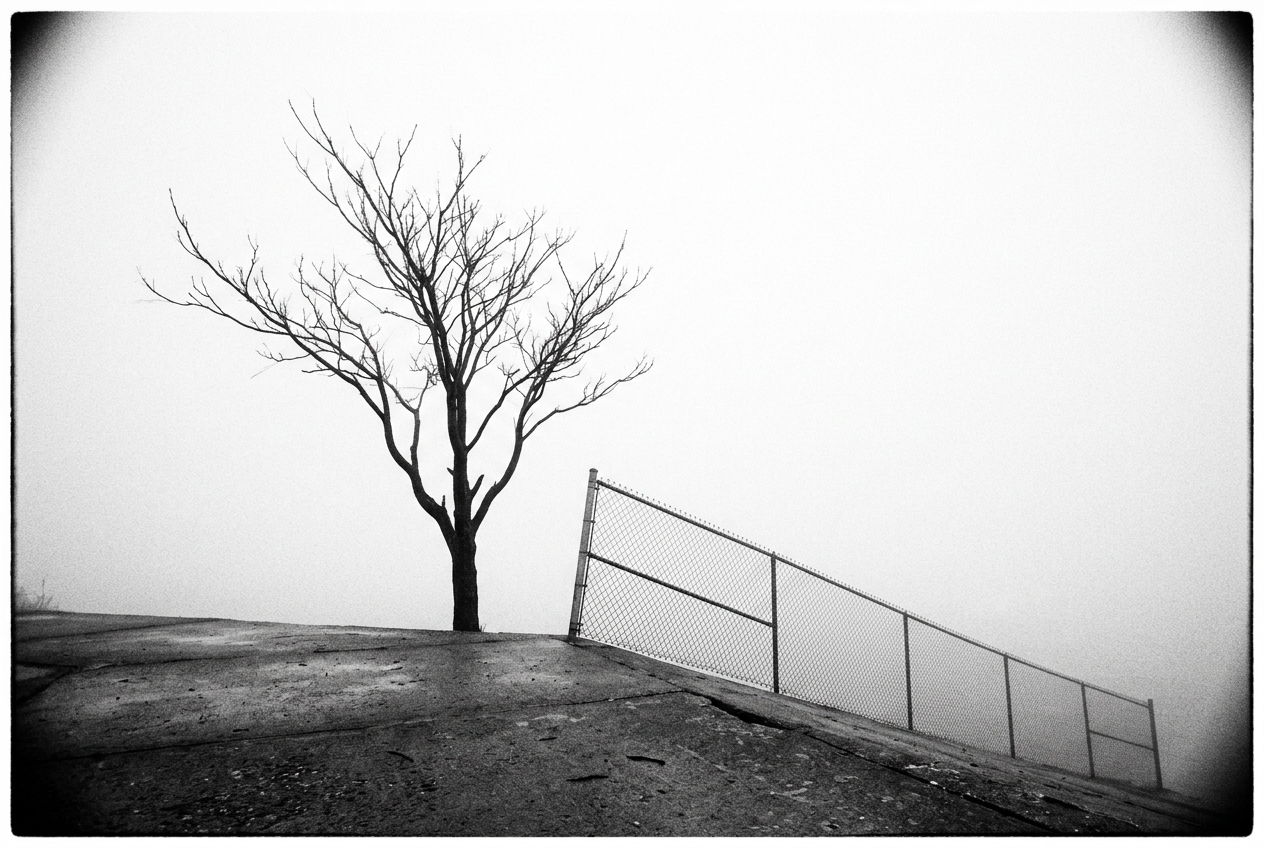 A single bare tree and a leaning chain-link fence, black silhouettes against a white void of fog